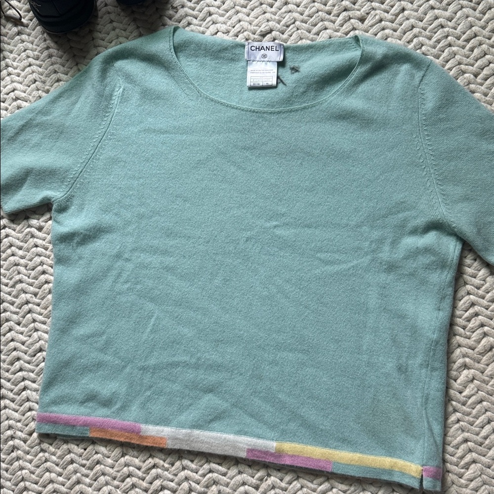 CHANEL Light Green Knit Top with Colorful Trim